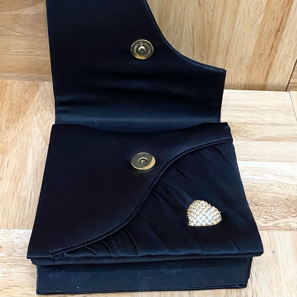 INGE CHRISTOPHER Black Silk Satin Evening Bag with Heart Bling Rhinestone - Picture 8 of 13